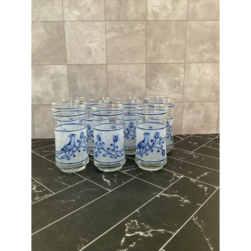 Libbey 10 oz glasses Frosted Blue bird and flower 5.25” X 2.50” Set of 11